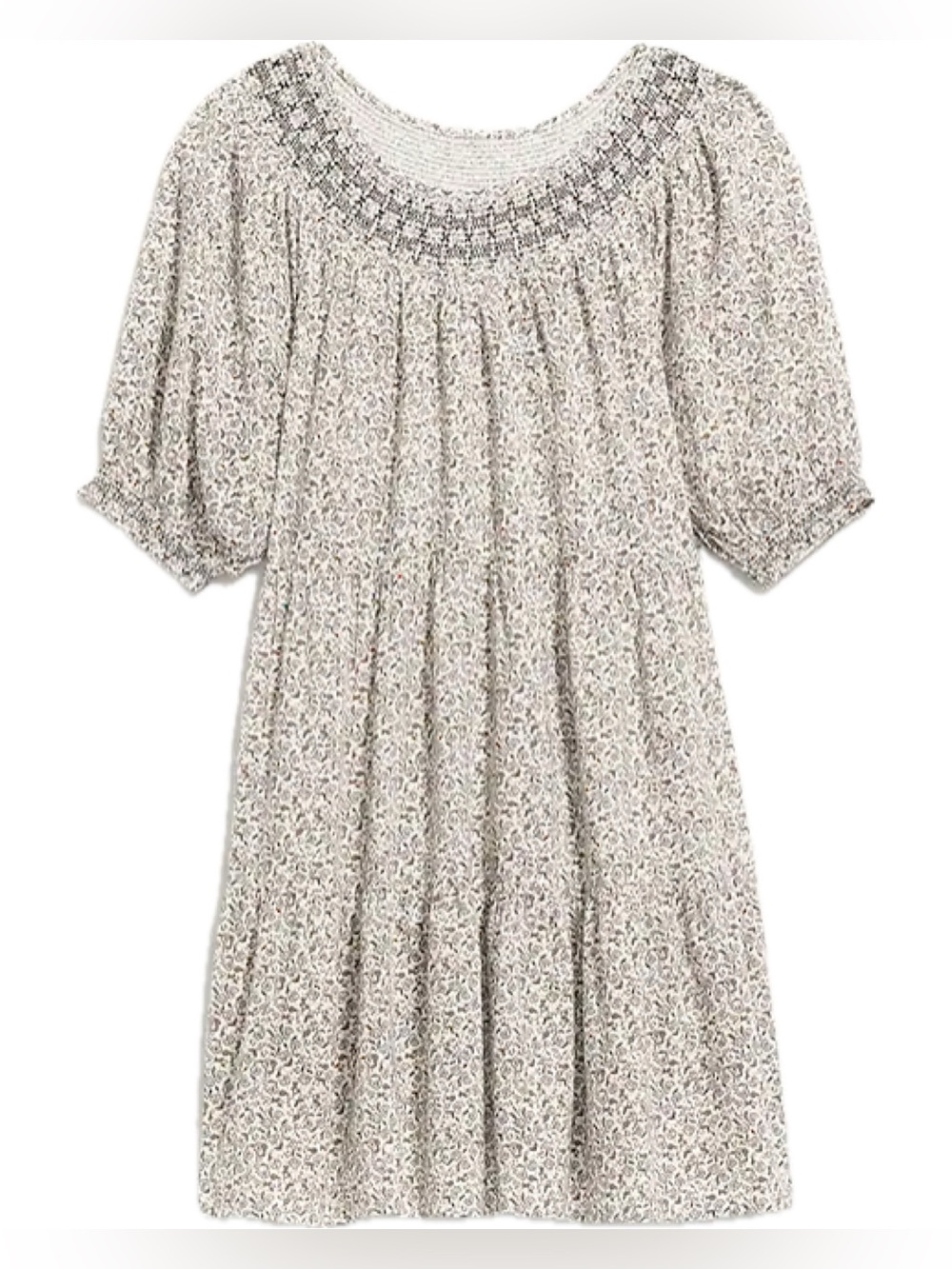Old Navy Puff-Sleeve Embroidered Smocked Mini Swing Dress in Cream